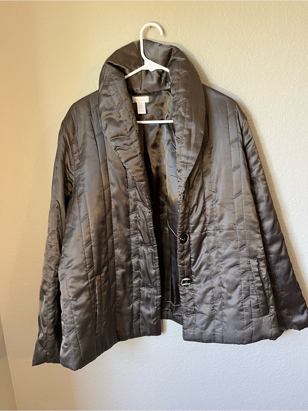 Chico’s XL Brown Satin Quilted Blazer Jacket Lightweight Vintage Fall Office